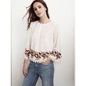 Velvet Graham & Spencer Jeslyn Peasant Top Cream Large Gauzy Floral Embroidered